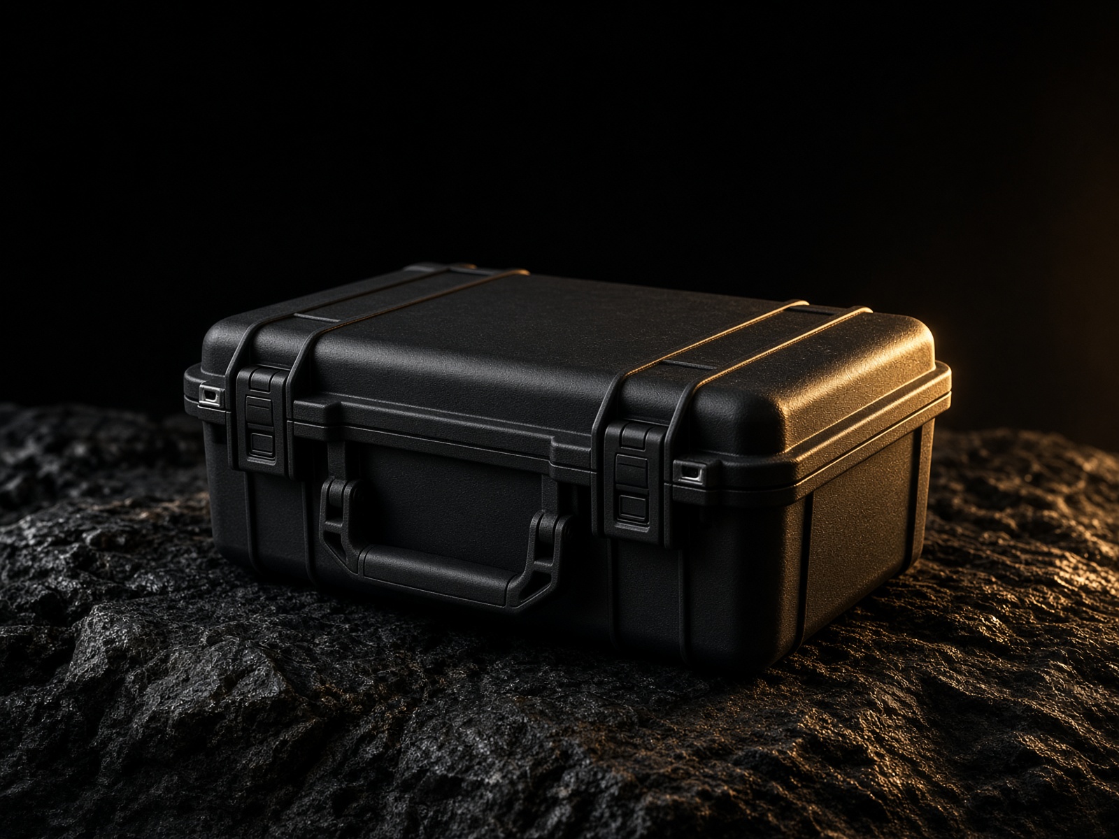 A black equipment case on stone, lit with gold light