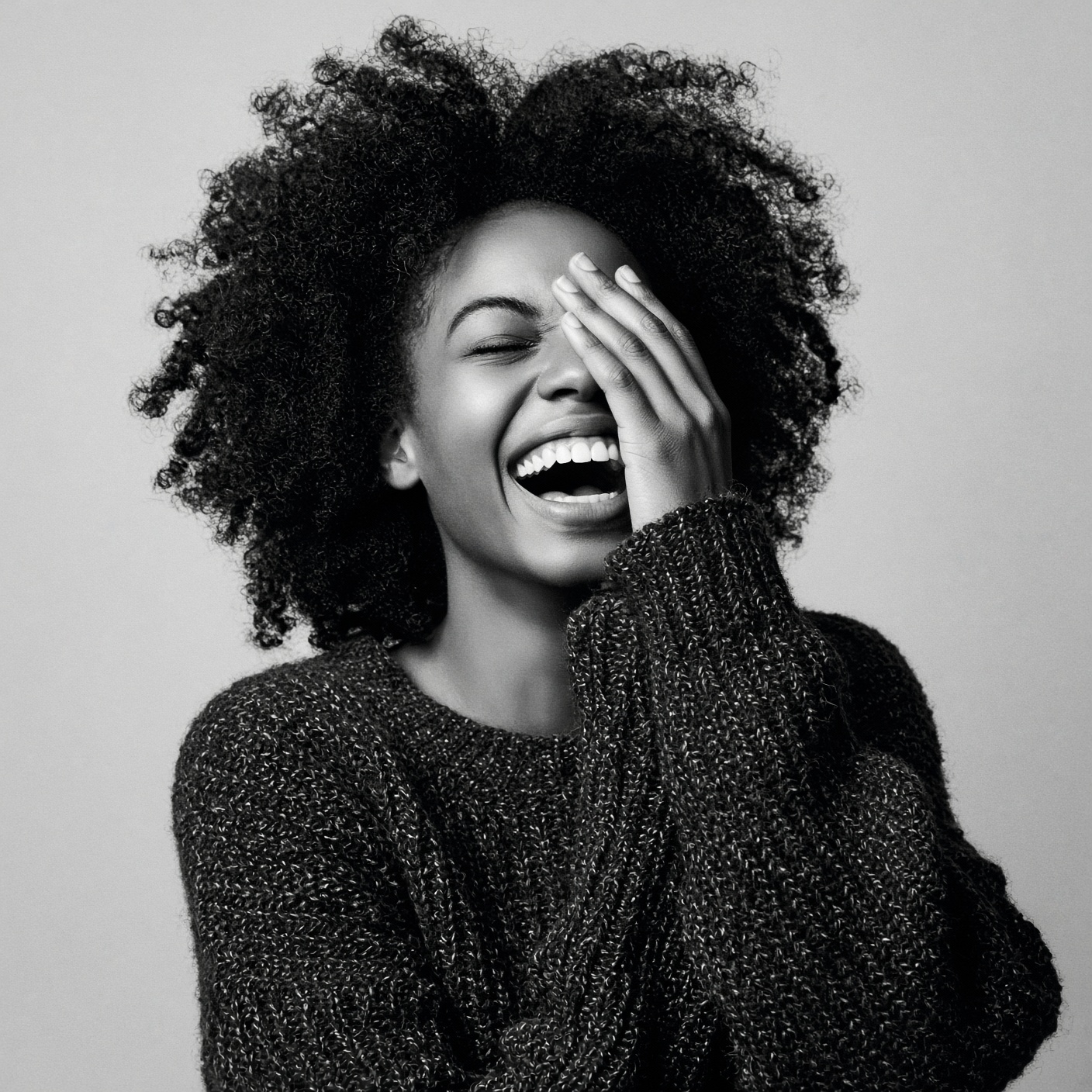 A woman laughing with her hand over one eye