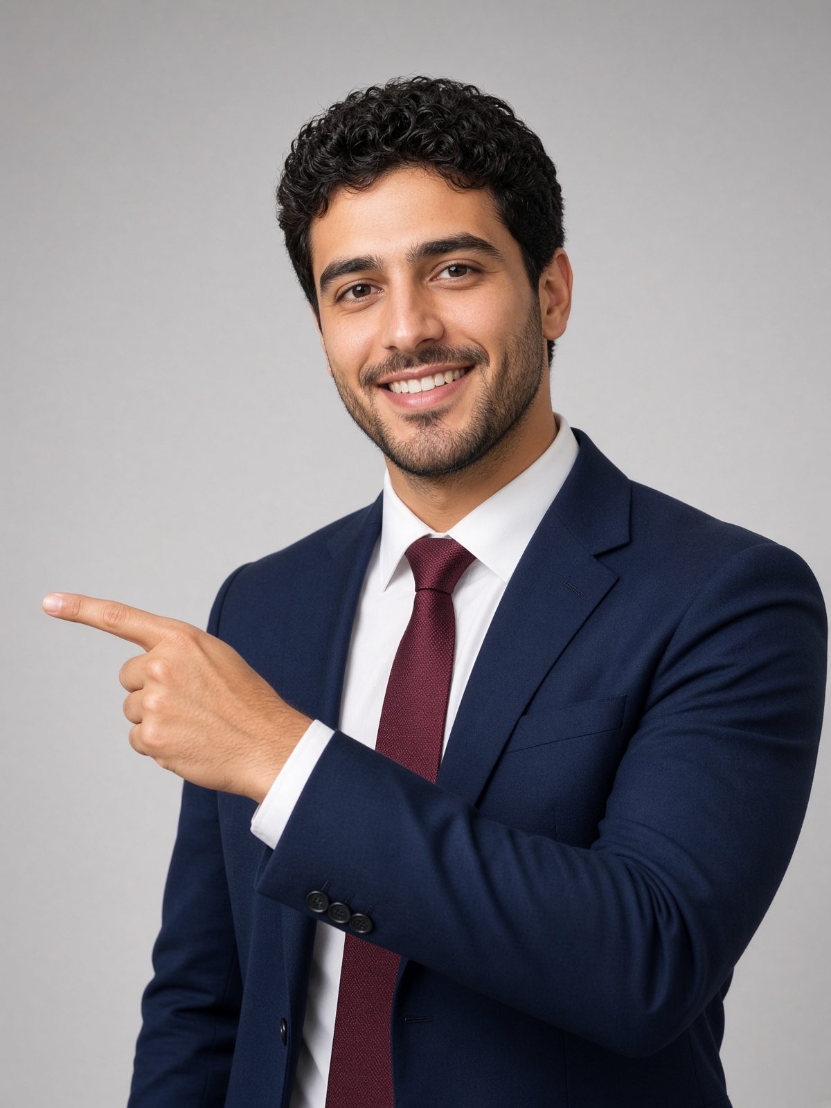 A consultant in a navy suit pointing toward our services